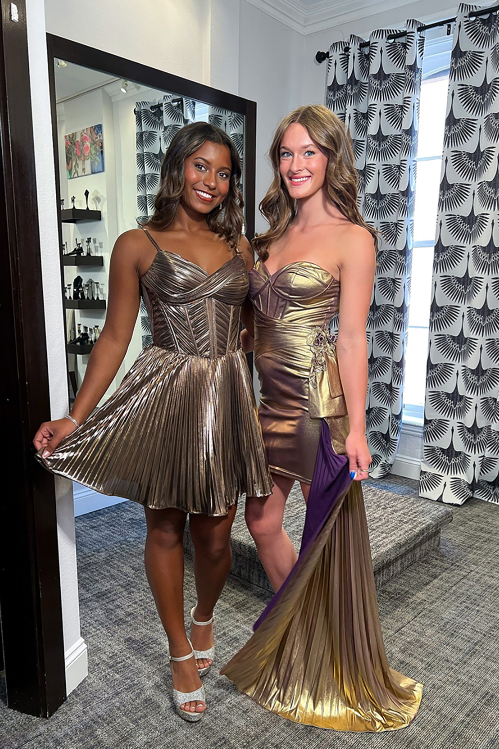 Gold Metallic Floral One Shoulder Short Corset Homecoming Dress with Ruffles