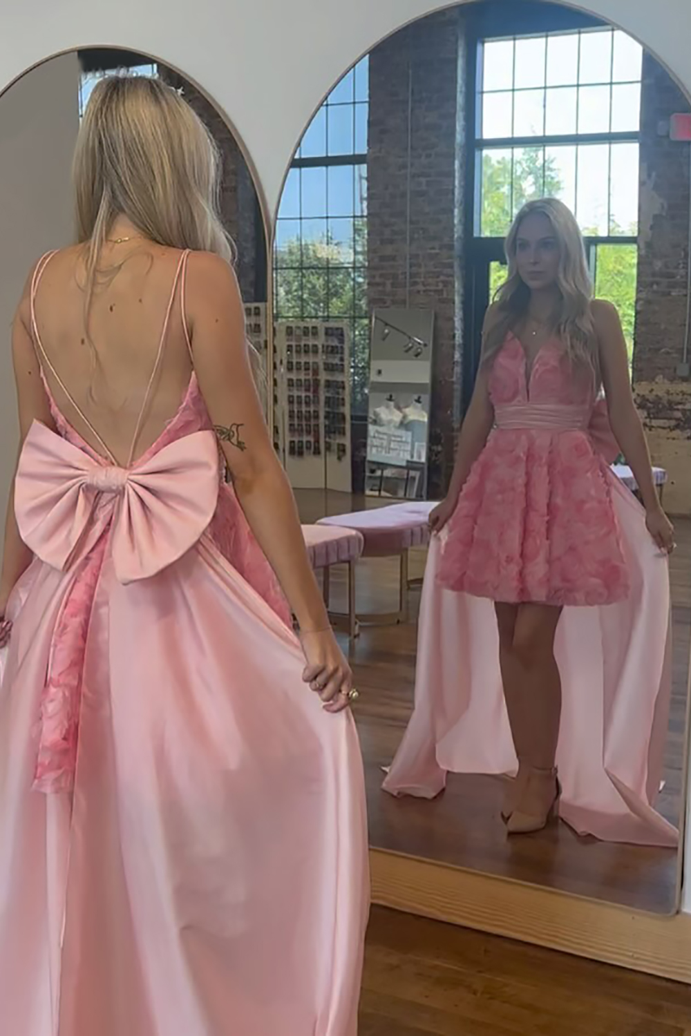 Pink Floral A Line Short Homecoming Dress with Cape