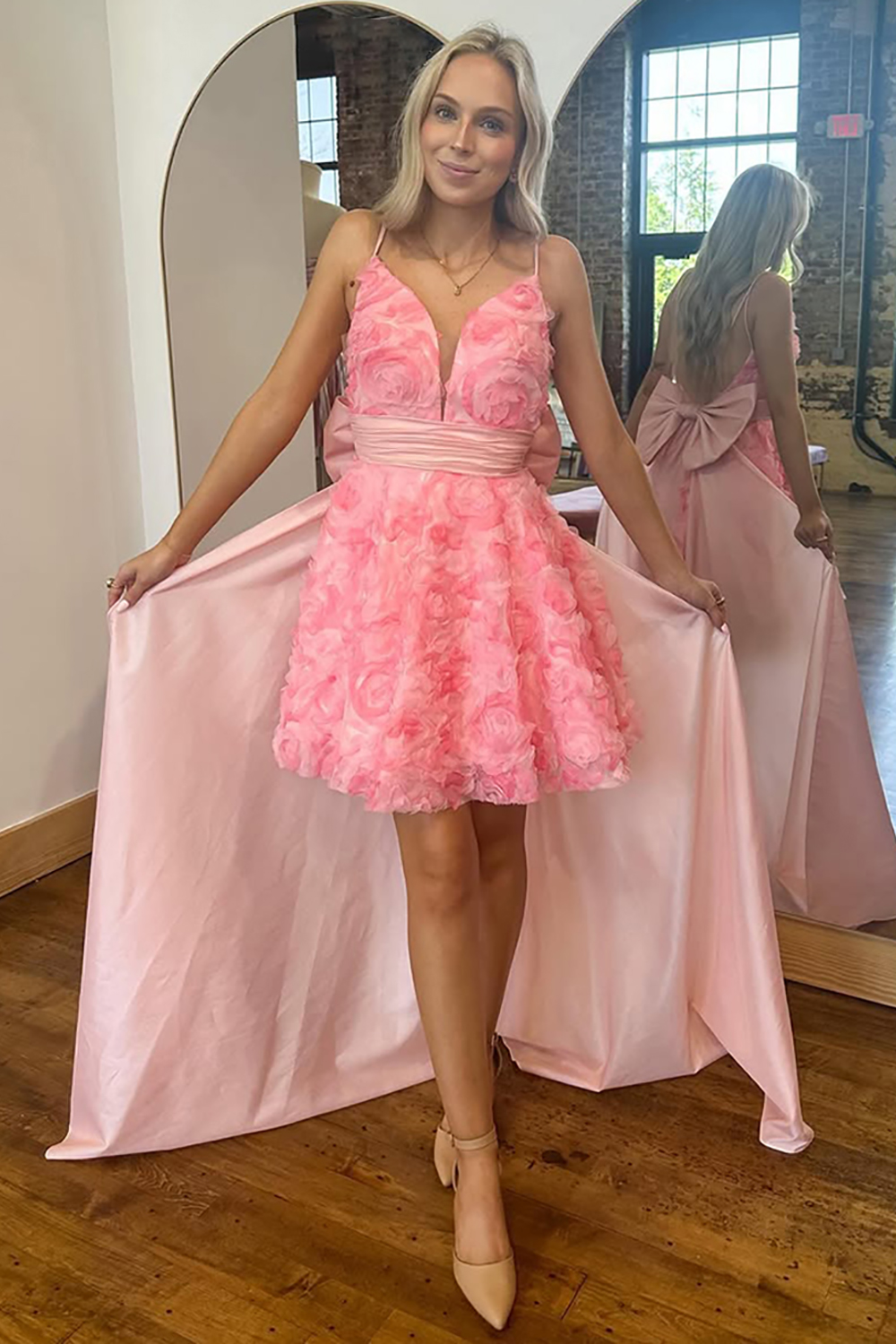 Pink Floral A Line Short Homecoming Dress with Cape