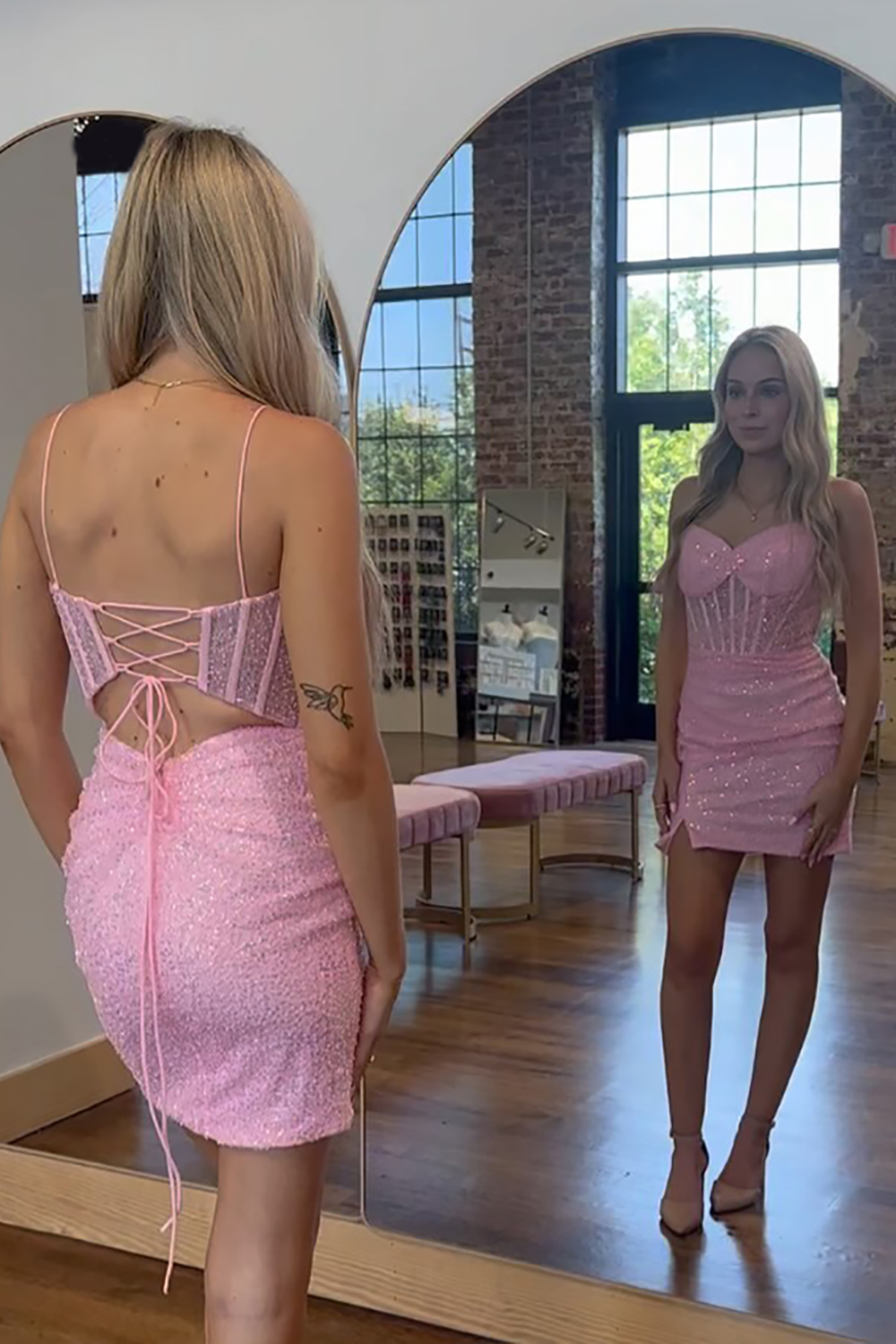 Sparkly Pink Sweetheart Sequins Short Corset Homecoming Dress