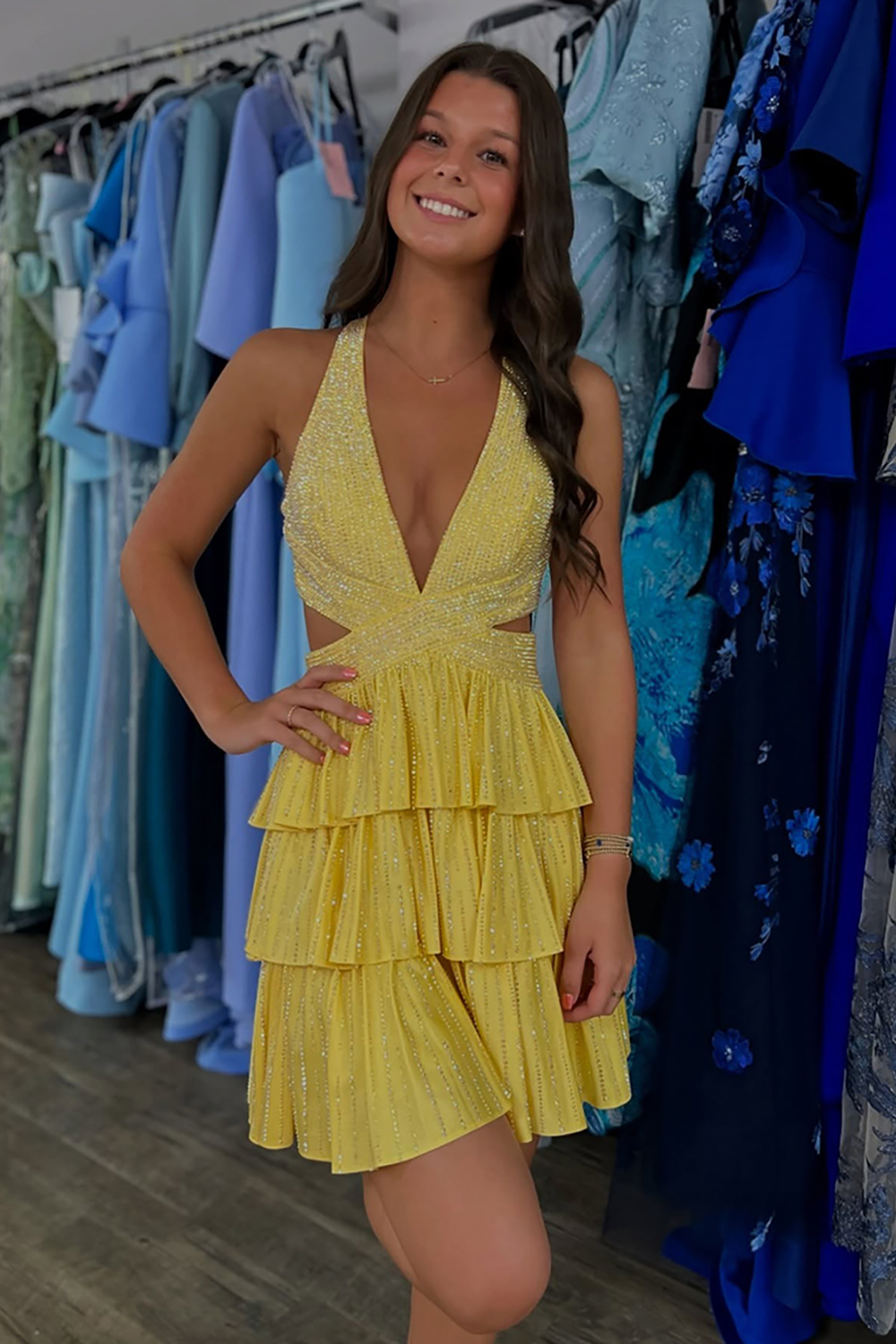 Sparkly Yellow A Line Beaded Short Homecoming Dress with Ruffles