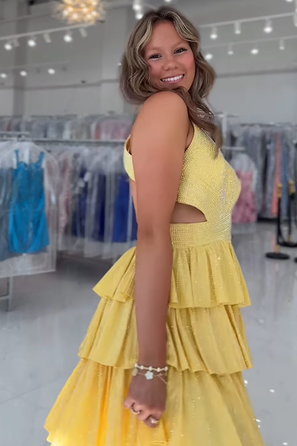 Sparkly Yellow A Line Beaded Short Homecoming Dress with Ruffles