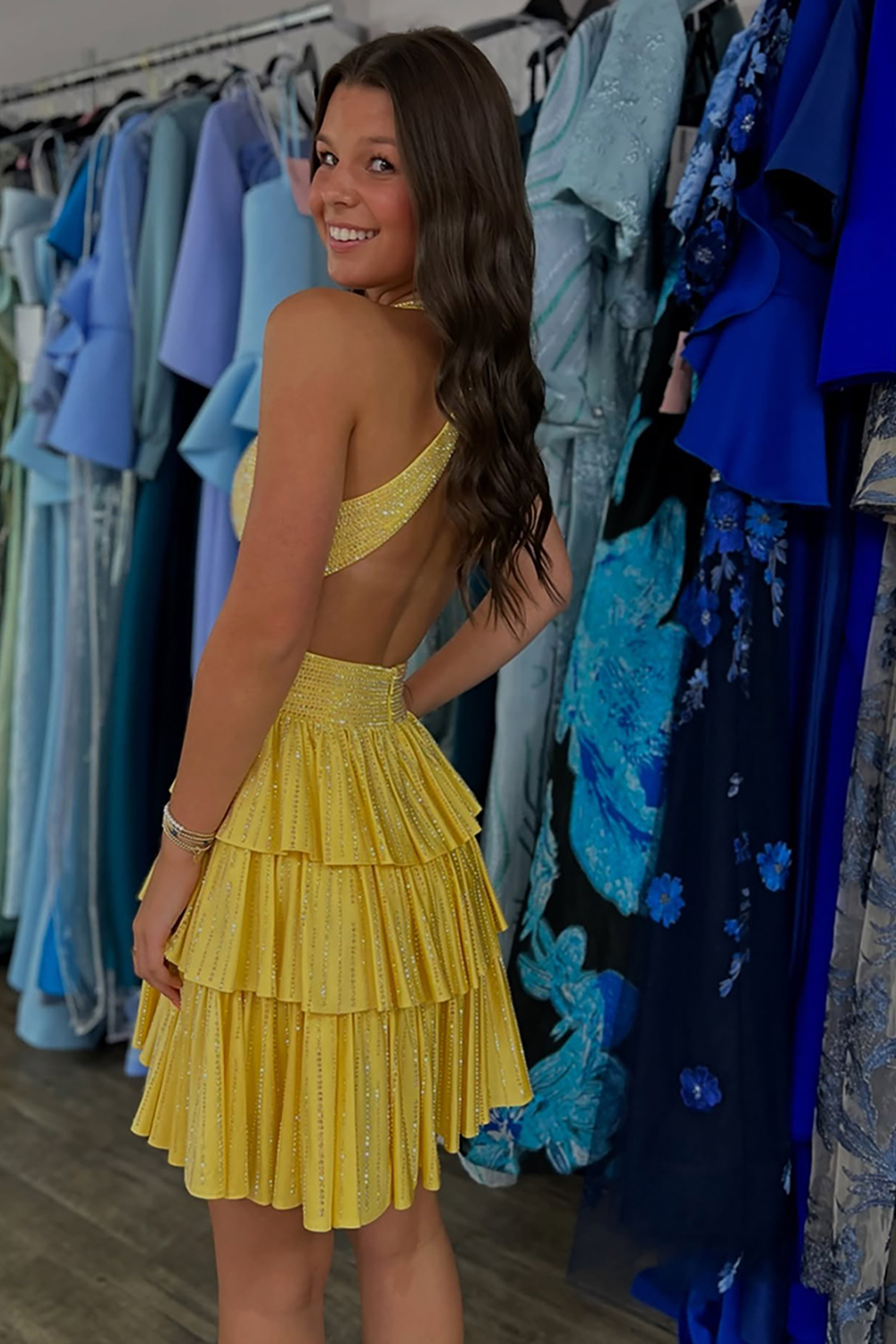 Sparkly Yellow A Line Beaded Short Homecoming Dress with Ruffles
