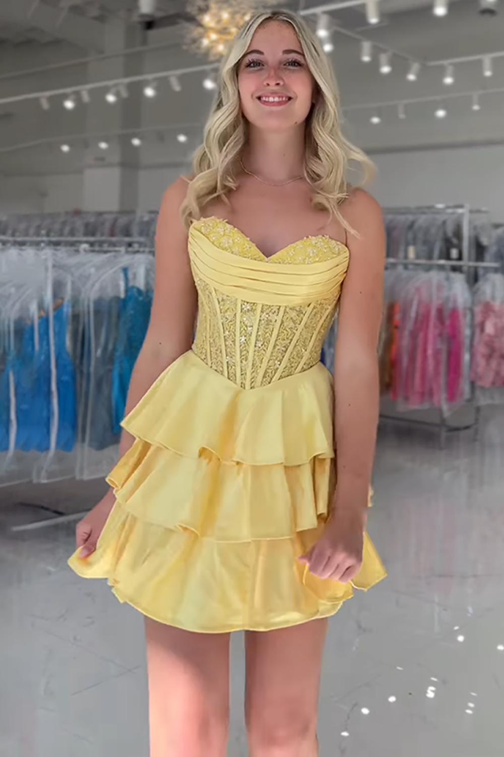 Yellow A Line Satin Short Corset Homecoming Dress with Lace