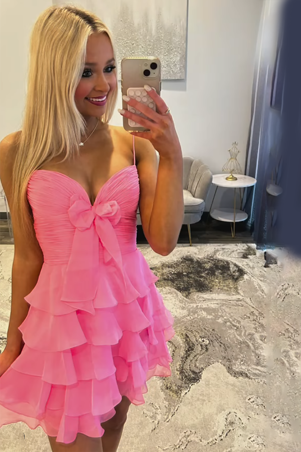 Blue A Line Tiered Ruffled Short Homecoming Dress with Bow