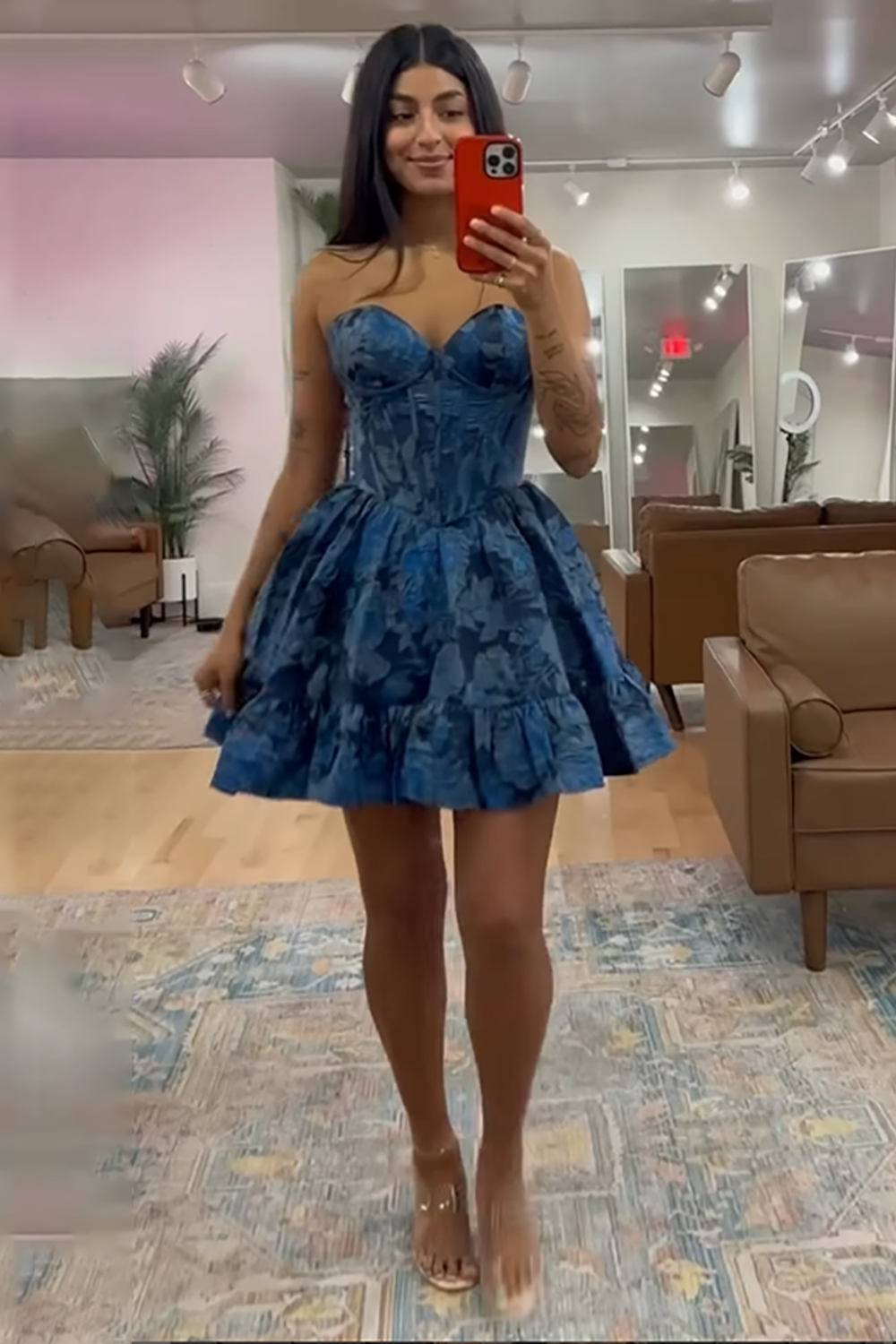 Navy Floral Tube Top Ruffled A Line Short Corset Homecoming Dress