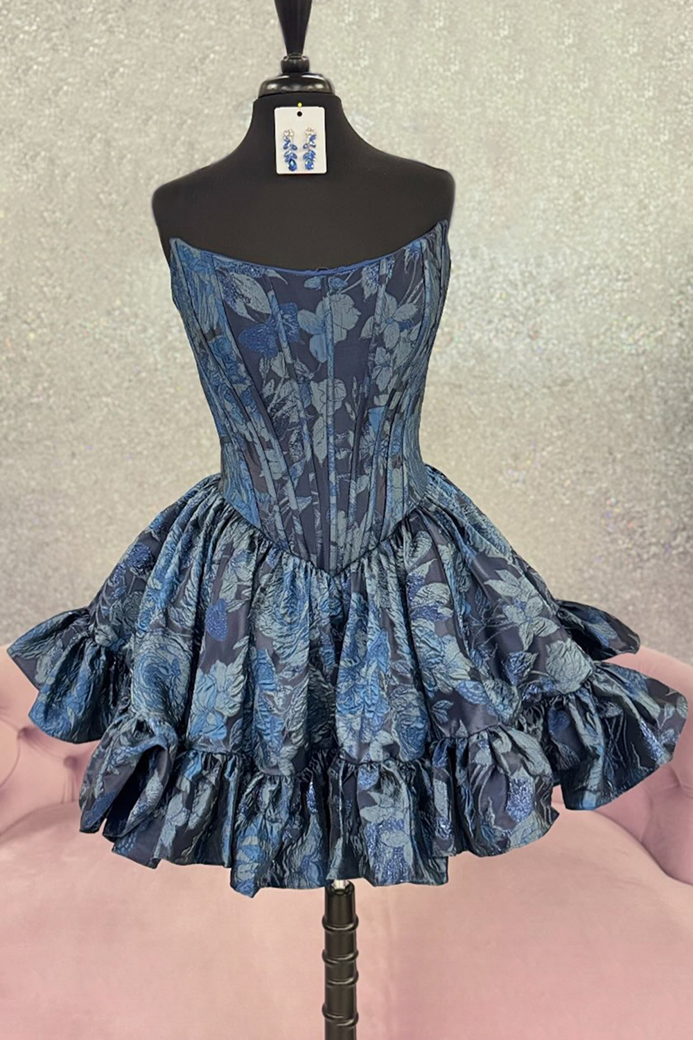 Navy Floral Tube Top Ruffled A Line Short Corset Homecoming Dress