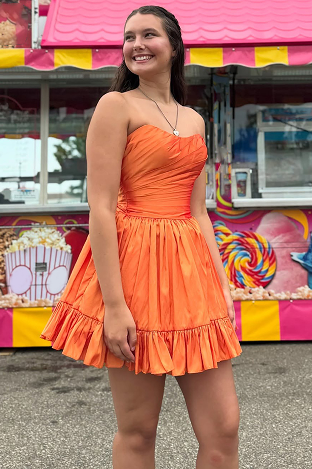 Orange A Line Strapless Ruffled Short Homecoming Dress with Pockets