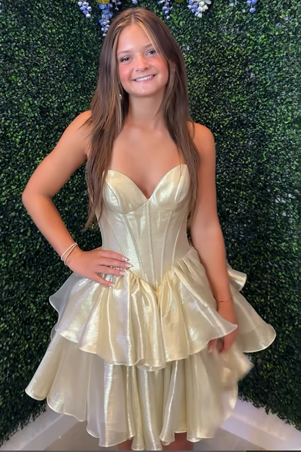 Sparkly Gold Organza Tiered Ruffled Short Corset Homecoming Dress