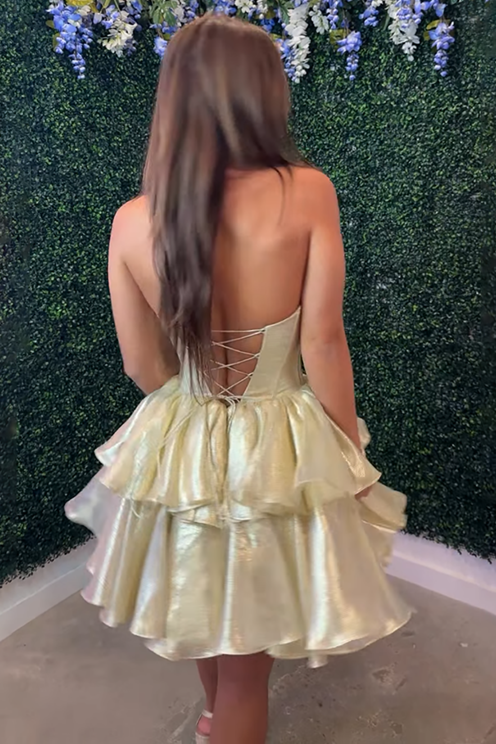 Sparkly Gold Organza Tiered Ruffled Short Corset Homecoming Dress