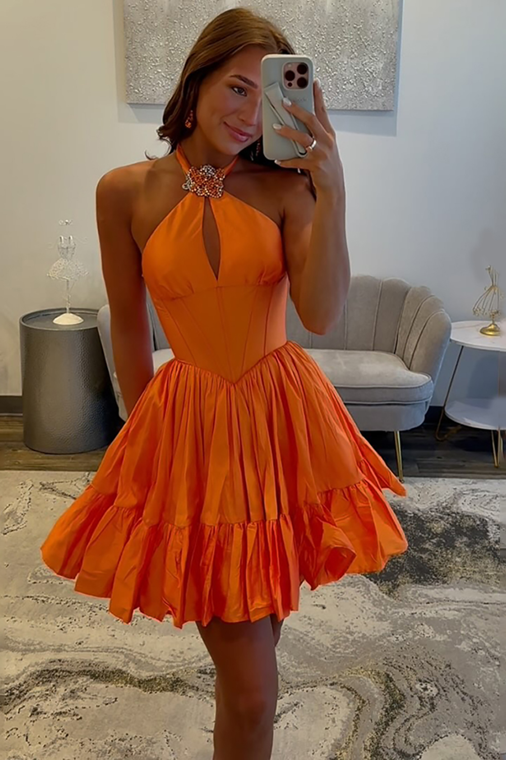 Sparkly Orange A Line Halter Ruffled Short Corset Homecoming Dress
