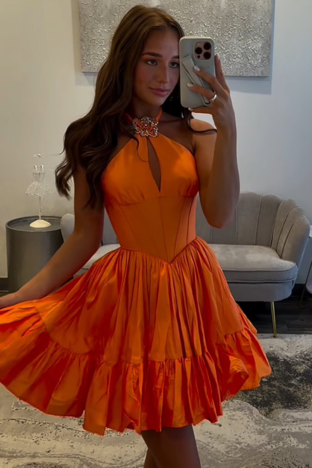 Sparkly Orange A Line Halter Ruffled Short Corset Homecoming Dress