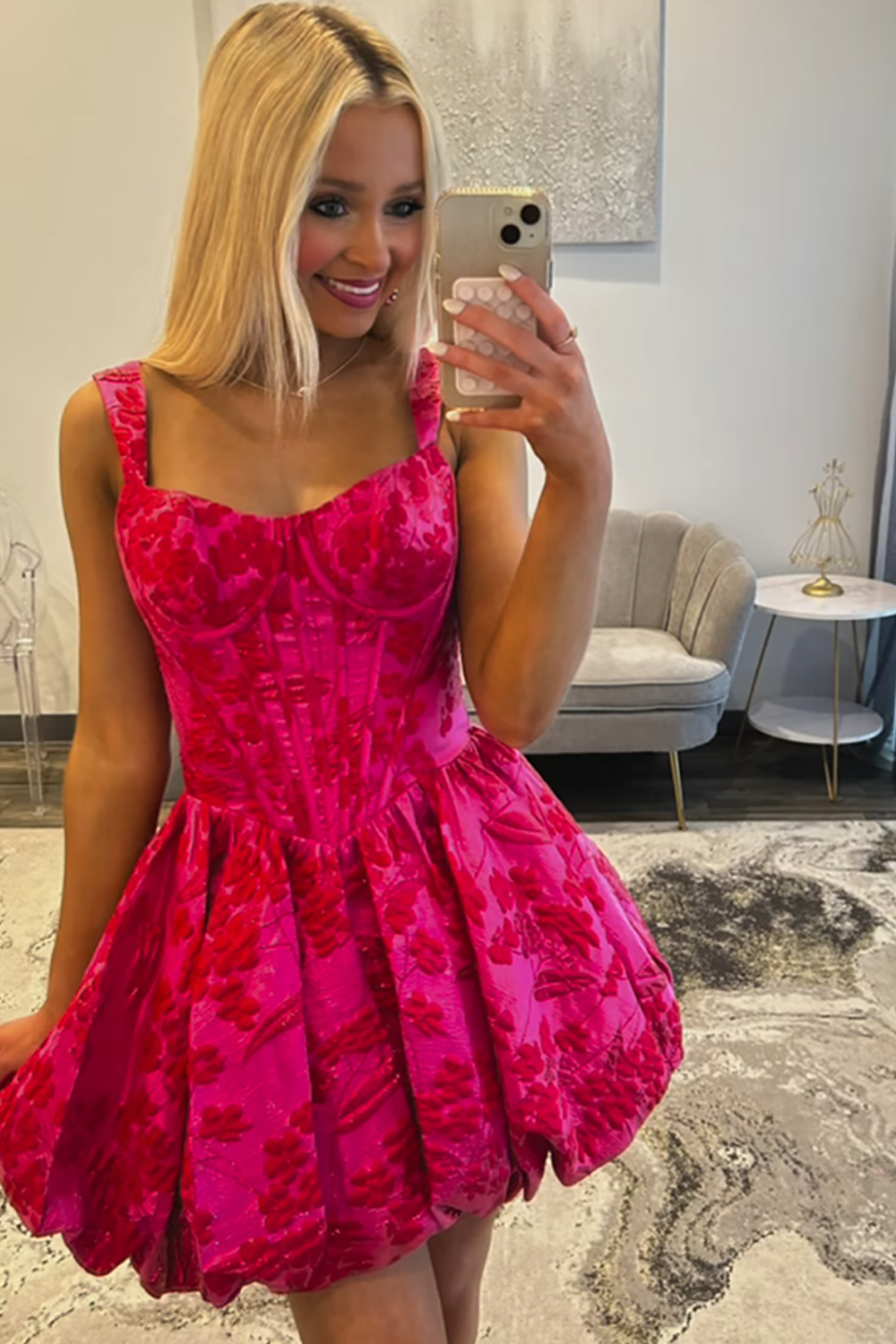 Fuchsia A Line Ruched Floral Short Corset Homecoming Dress