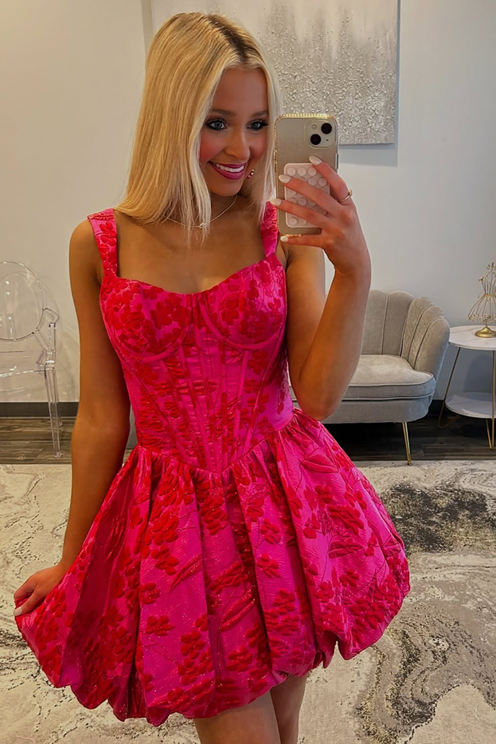 Ruched Fuchsia A Line Floral Short Corset Homecoming Dress
