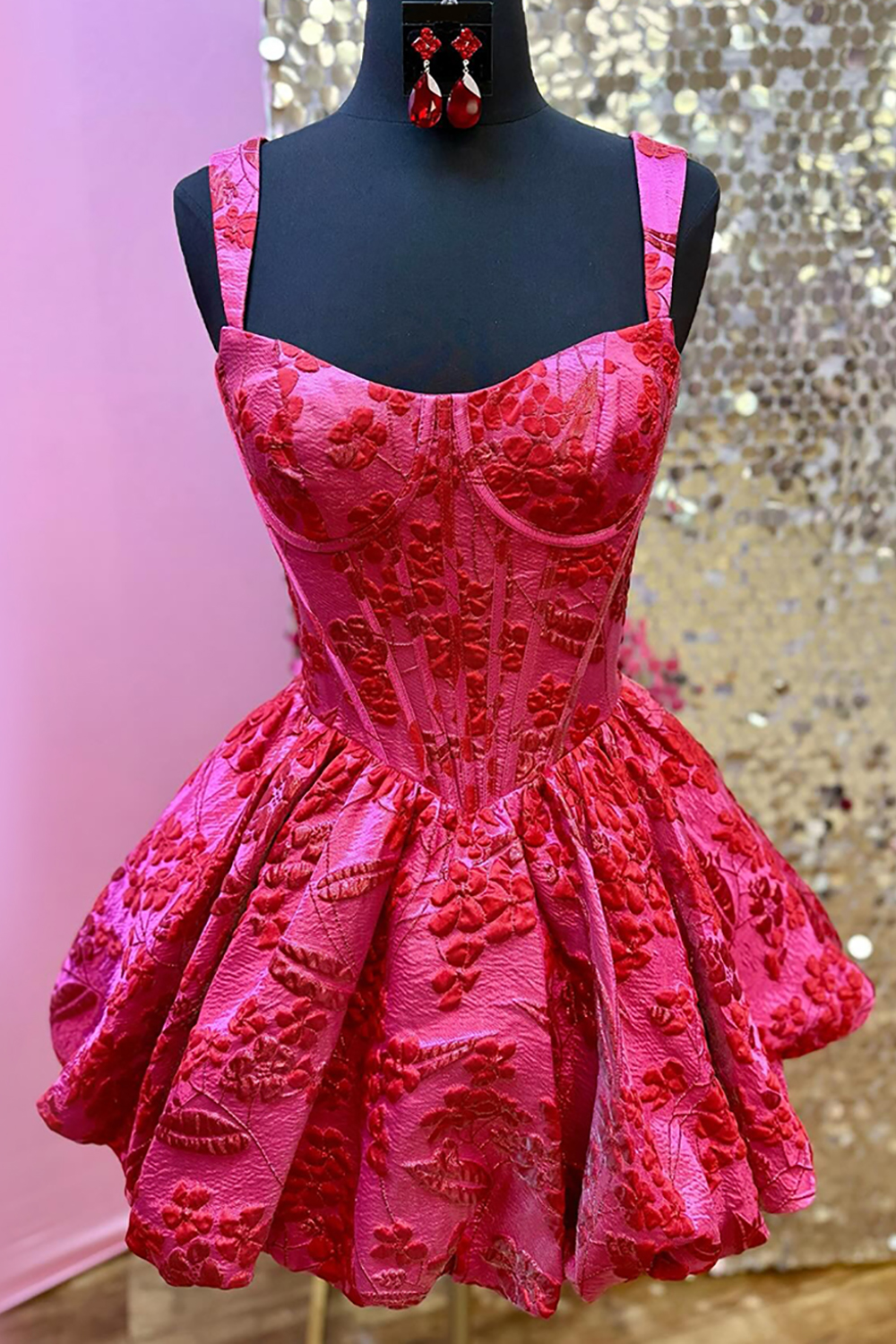 Fuchsia A Line Ruched Floral Short Corset Homecoming Dress