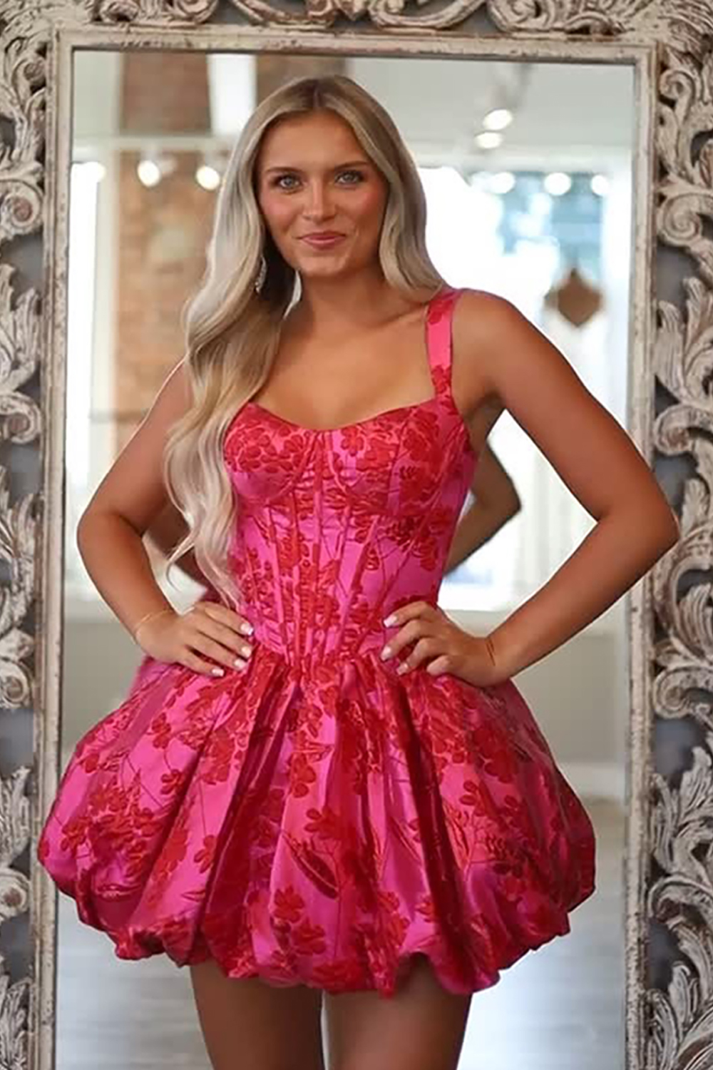 Fuchsia A Line Ruched Floral Short Corset Homecoming Dress