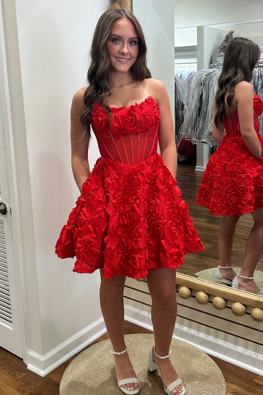 Red Floral Strapless A Line Short Corset Homecoming Dress