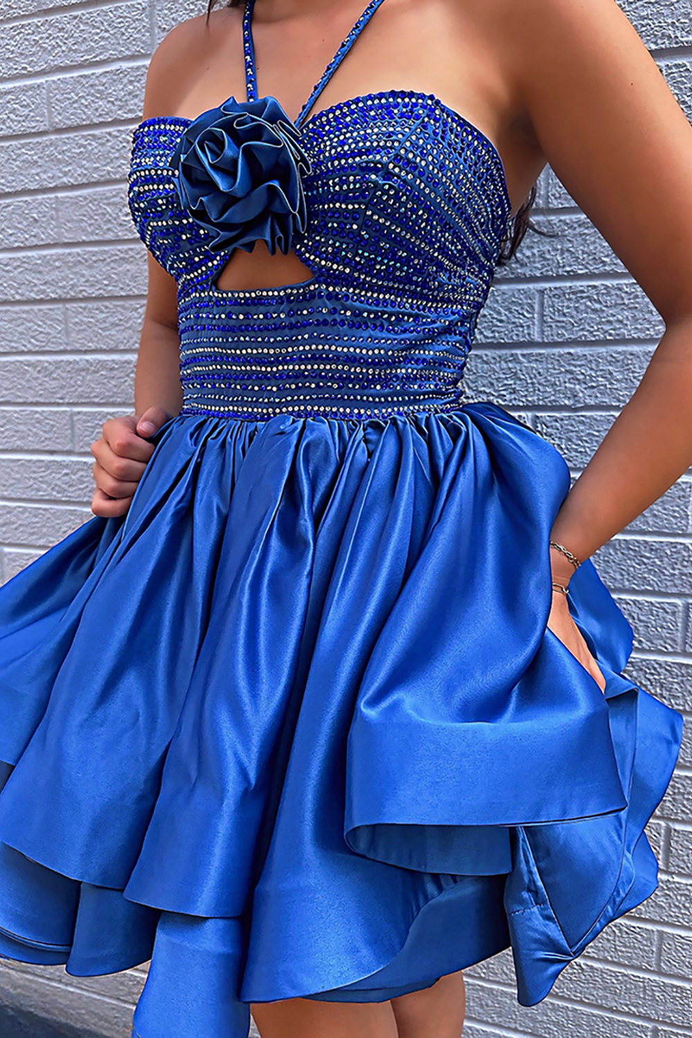 Sparkly Royal Blue Ruffled Halter Beaded Short Homecoming Dress with 3D Flower