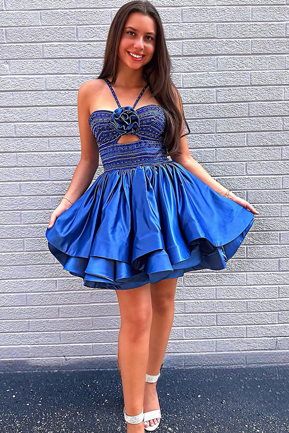 Sparkly Royal Blue Ruffled Halter Beaded Short Homecoming Dress with 3D Flower
