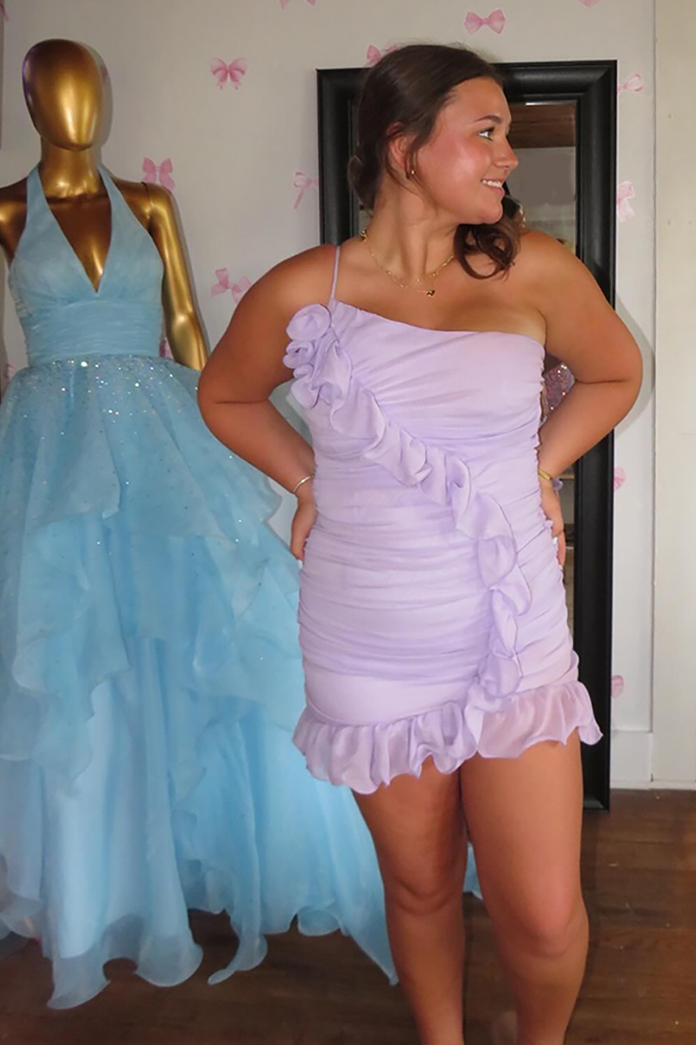 Lilac One Shoulder Tight Short Homecoming Dress with Ruffles