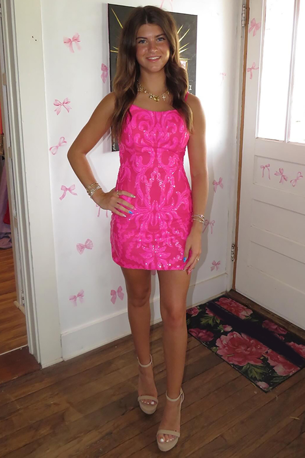 Sparkly Fuchsia Lace Short Tight Homecoming Dress with Beading