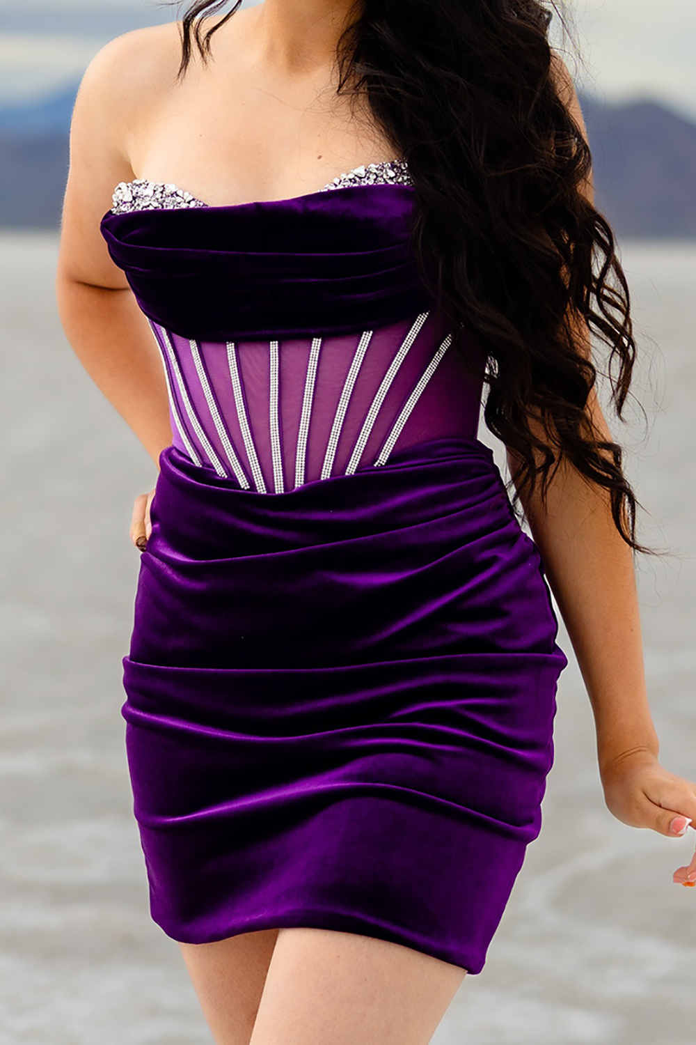 Sparkly Dark Purple Velvet Tight Short Corset Homecoming Dress with Beading