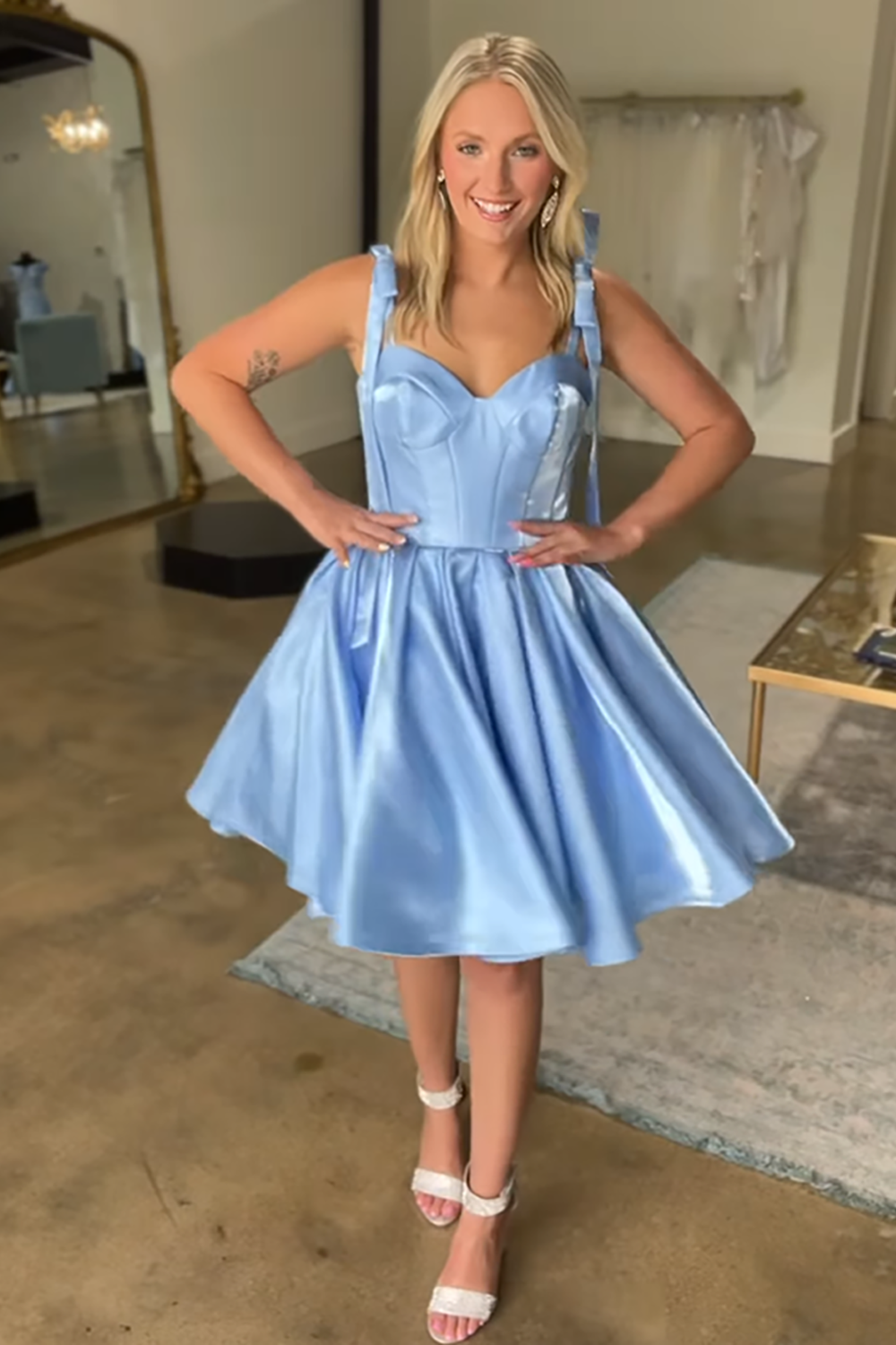 Blue A Line Satin Short Corset Homecoming Dress with Bows