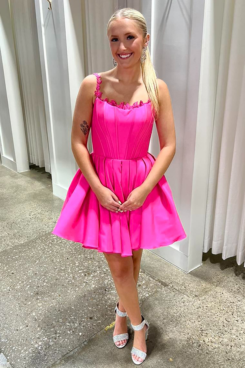Fuchsia A Line Satin Short Corset Homecoming Dress