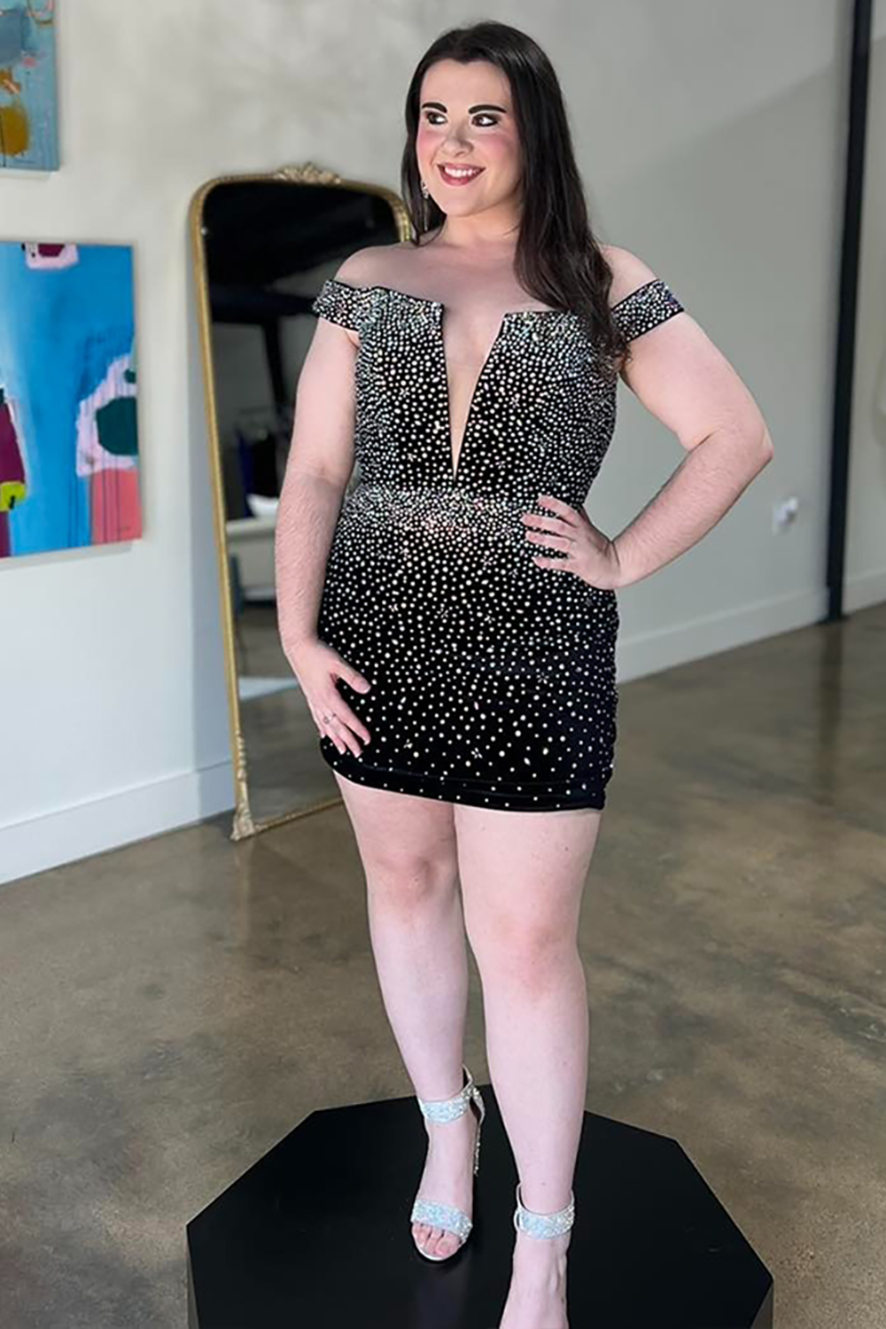 Sparkly Black Off the Shoulder Tight Short Homecoming Dress with Beading