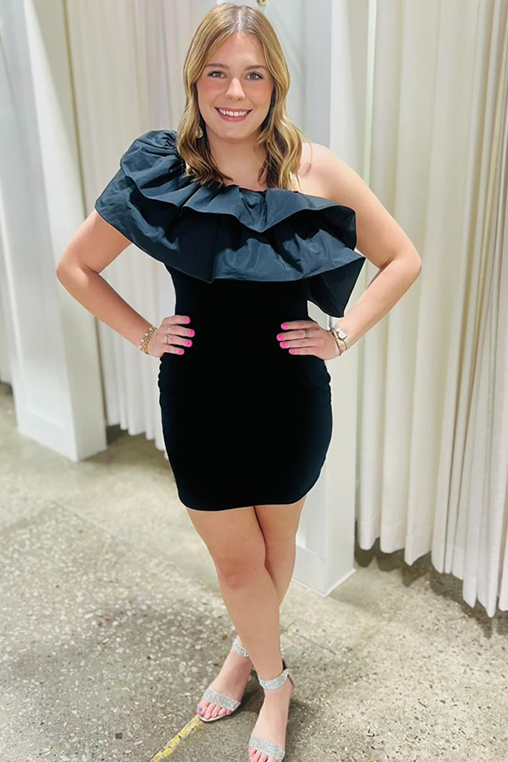 Black One Shoulder Short Tight Homecoming Dress with Ruffles