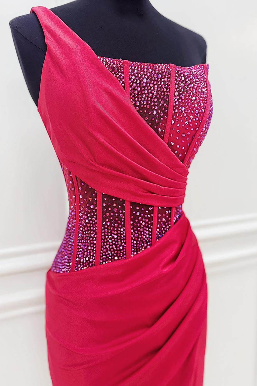 Sparkly Fuchsia Satin Tight Beaded Short Corset Homecoming Dress with Slit