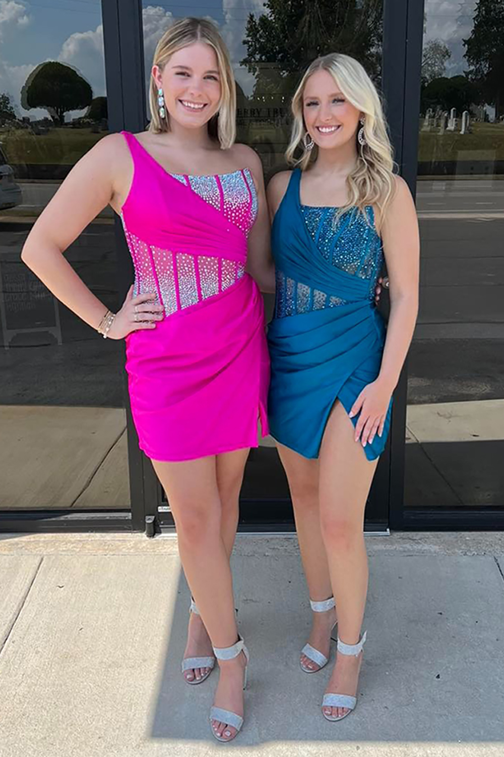 Sparkly Fuchsia Satin Tight Beaded Short Corset Homecoming Dress with Slit