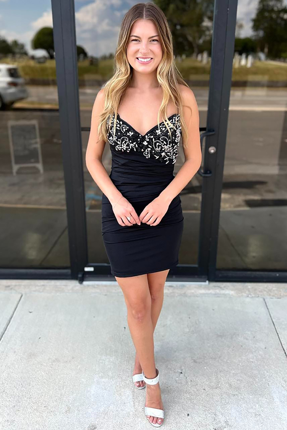 Sparkly Black Tight Spaghetti Straps Short Homecoming Dress with Beading