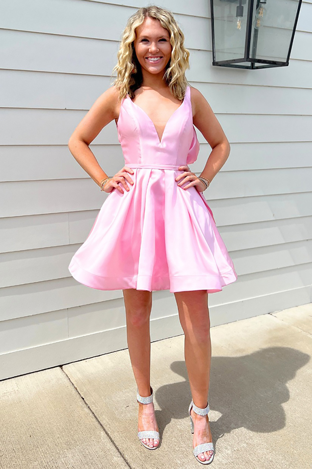 Pink Satin V-Neck A Line Short Corset Homecoming Dress