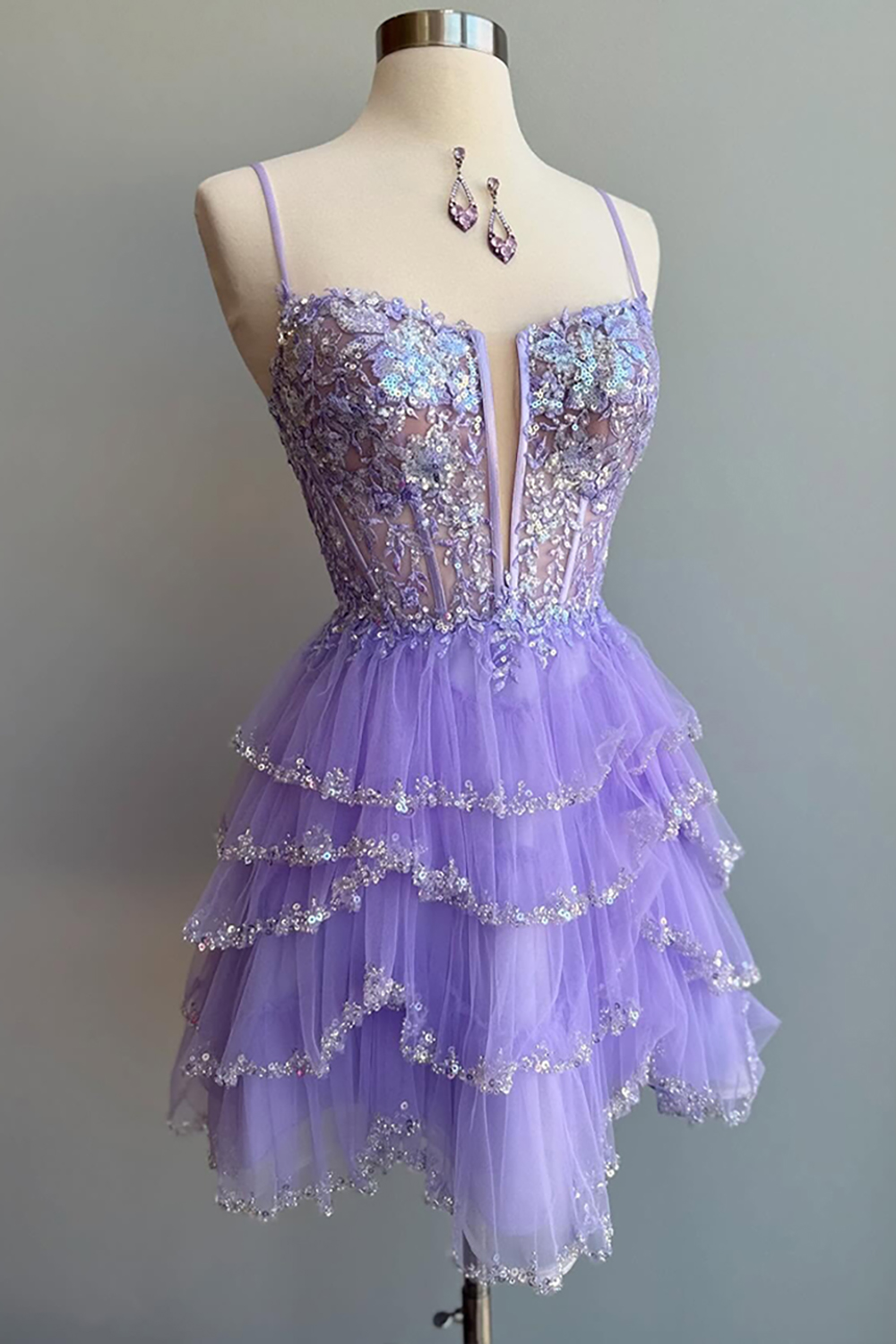 Sparkly Lilac Floral Tulle Short Corset Homecoming Dress with Sequins