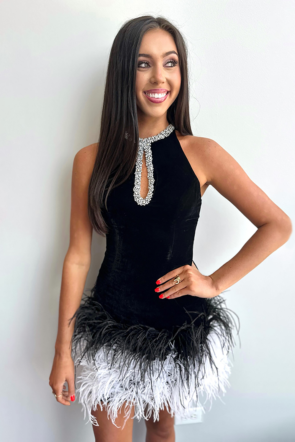 Sparkly Black Velvet Tight Homecoming Dress with Feather