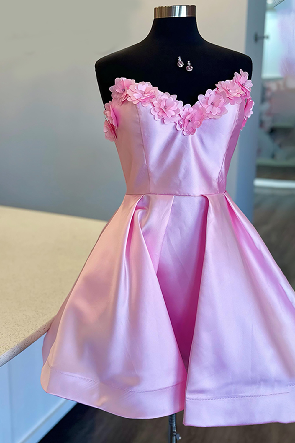 Pink Floral A Line Satin Short Homecoming Dress