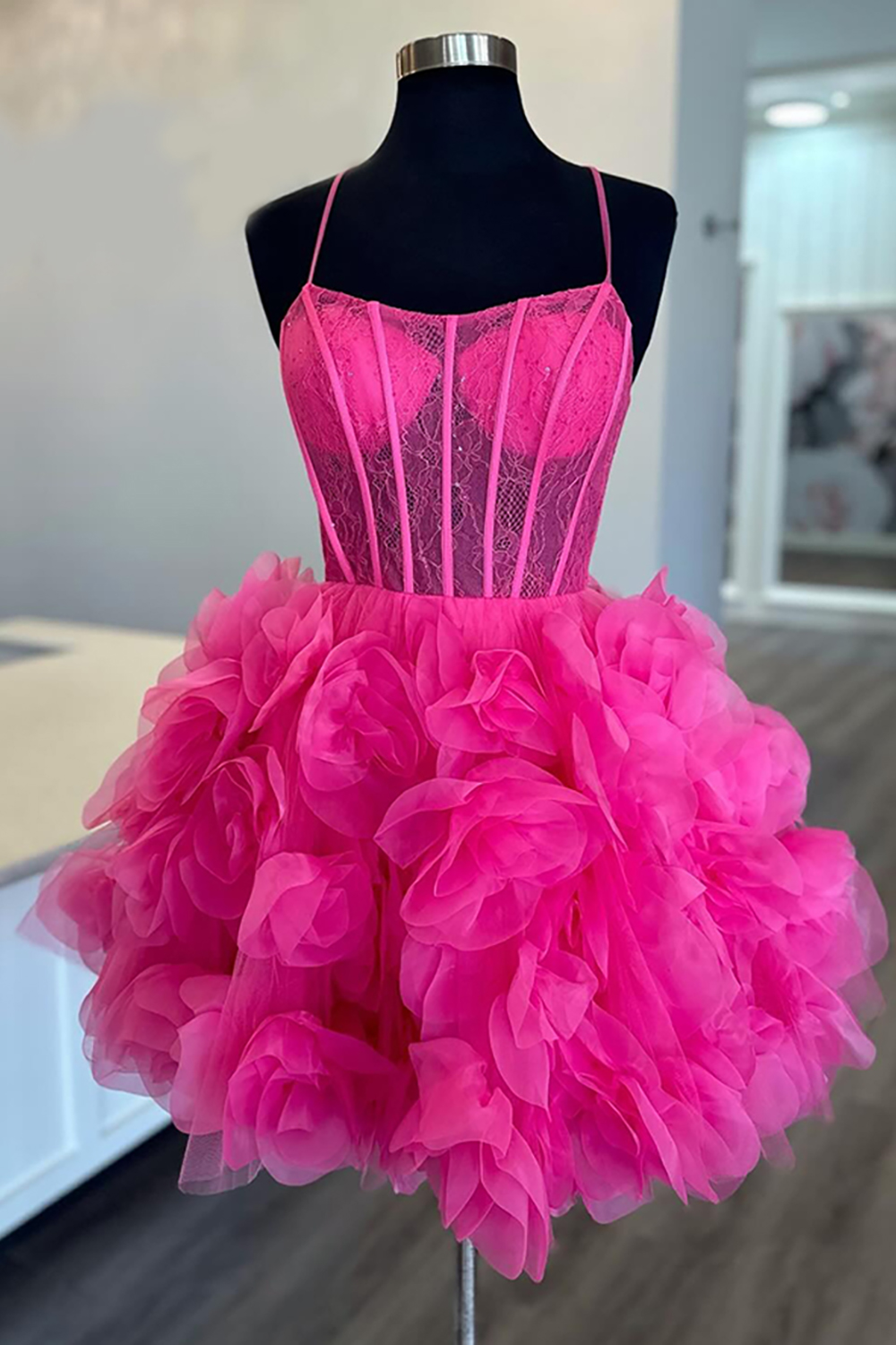 Fuchsia Floral Tulle A Line Short Corset Homecoming Dress with Ruffles