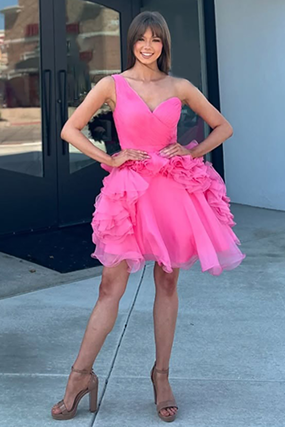Pink One Shoulder Tulle Short Homecoming Dress with Ruffles
