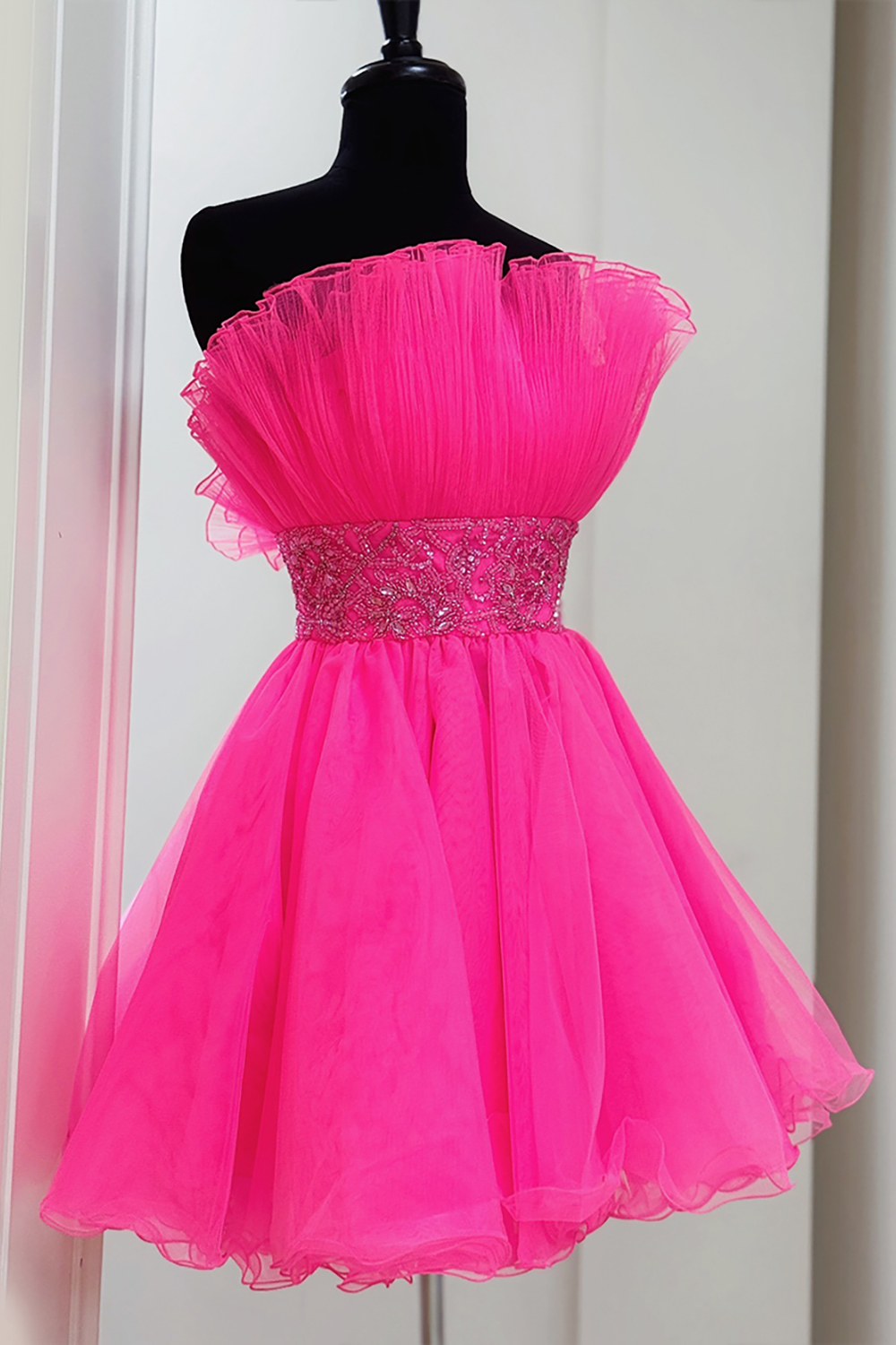 Sparkly Fuchsia A Line Beaded Strapless Short Homecoming Dress