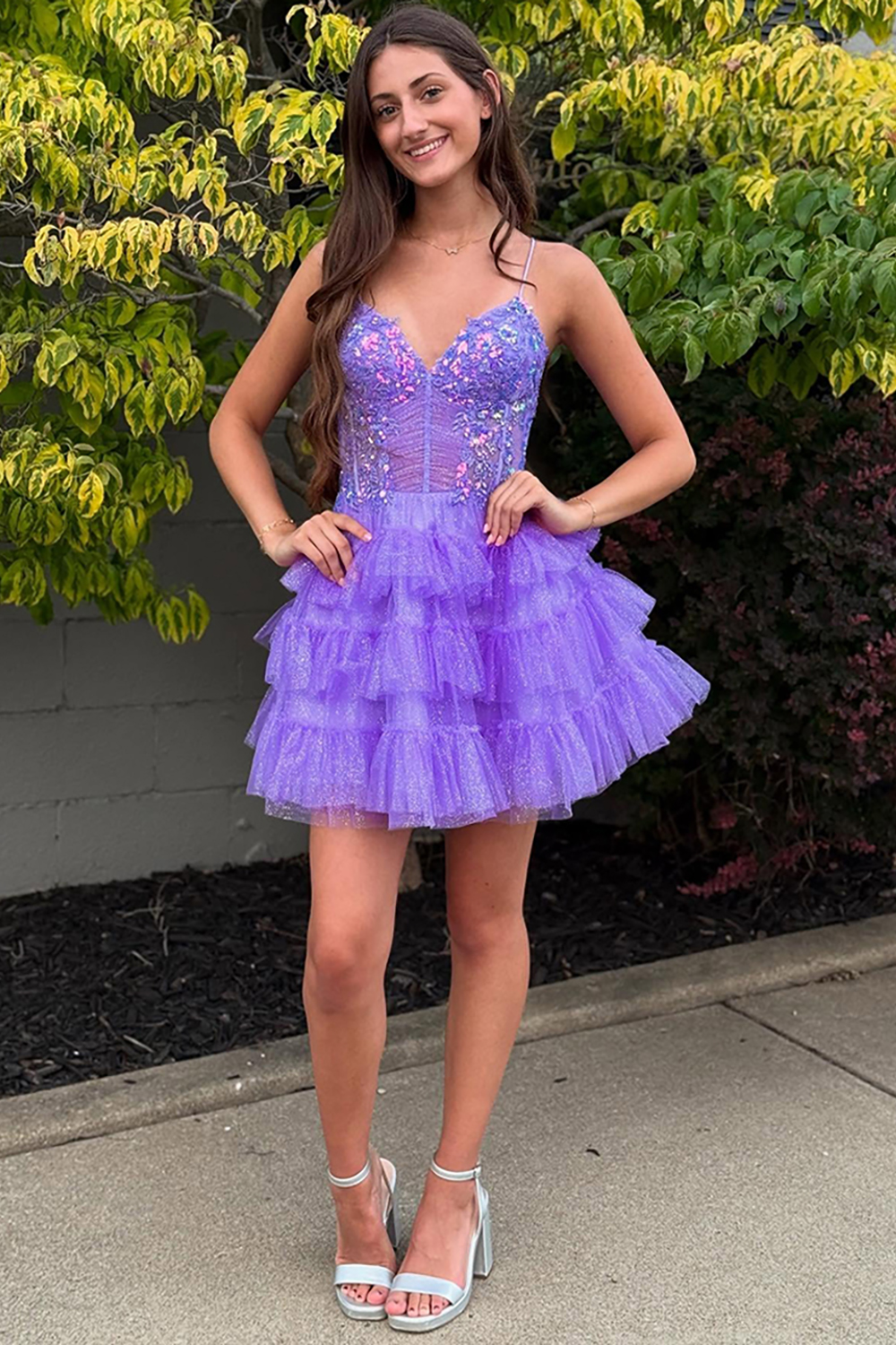 Glitter Lavender Ruffled Short Corset Homecoming Dress with Sequins