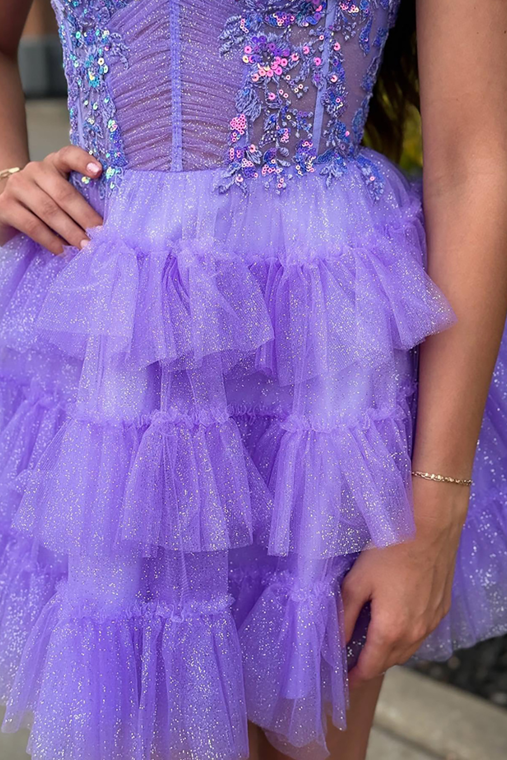 Glitter Lavender Ruffled Short Corset Homecoming Dress with Sequins
