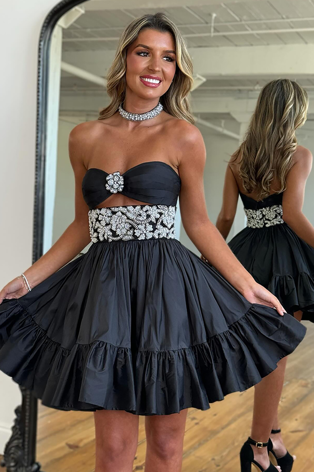 Sparkly Black A Line Keyhole Ruffled Short Homecoming Dress with Rhinestones