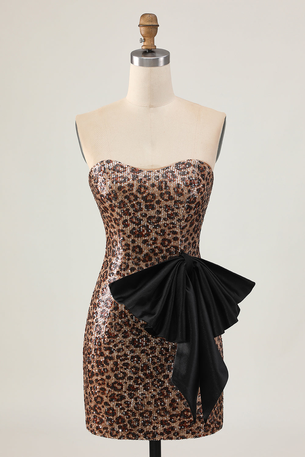 Sparkly Brown Leopard Strapless Beaded Short Tight Homecoming Dress with Bow