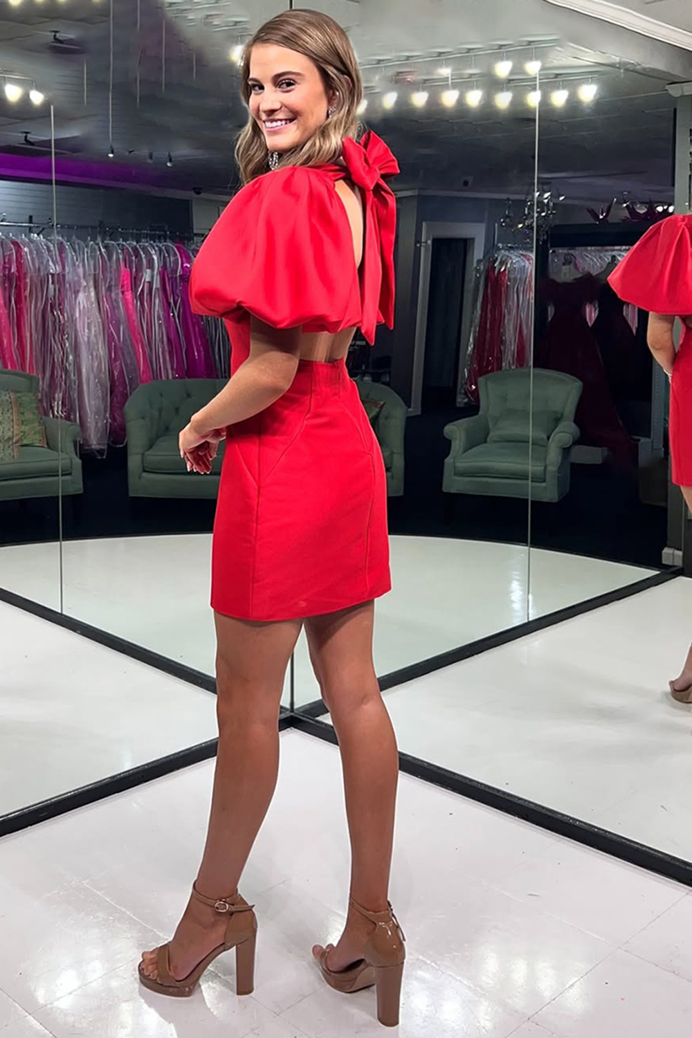 Red Satin Tight Open Back Short Homecoming Dress with Sleeves