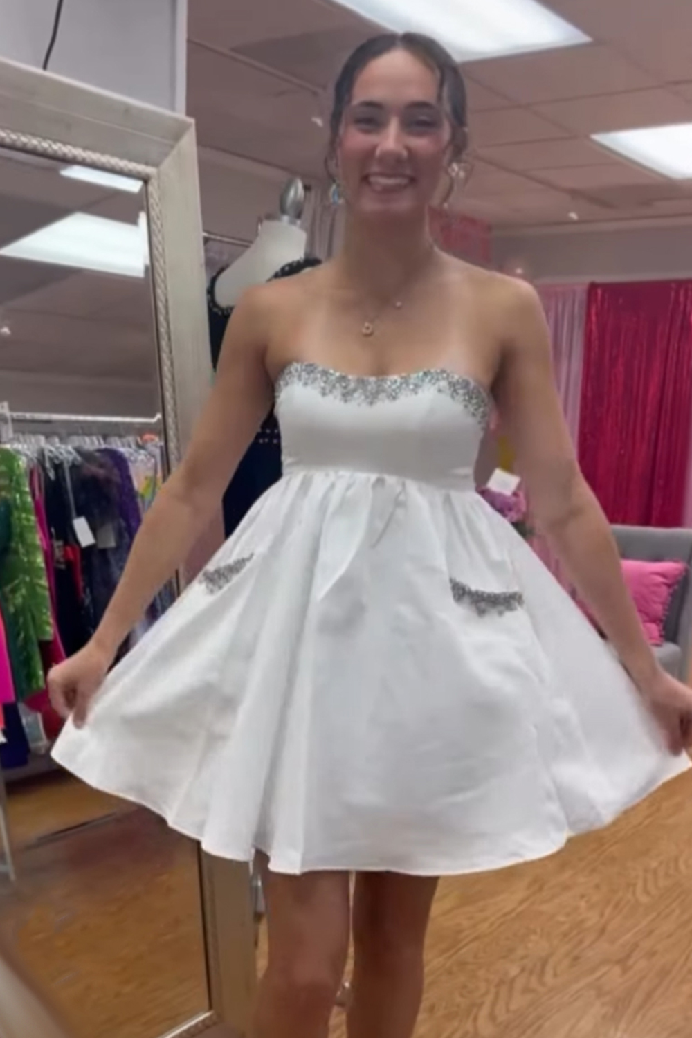 Sparkly White Strapless A Line Short Homecoming Dress with Beading