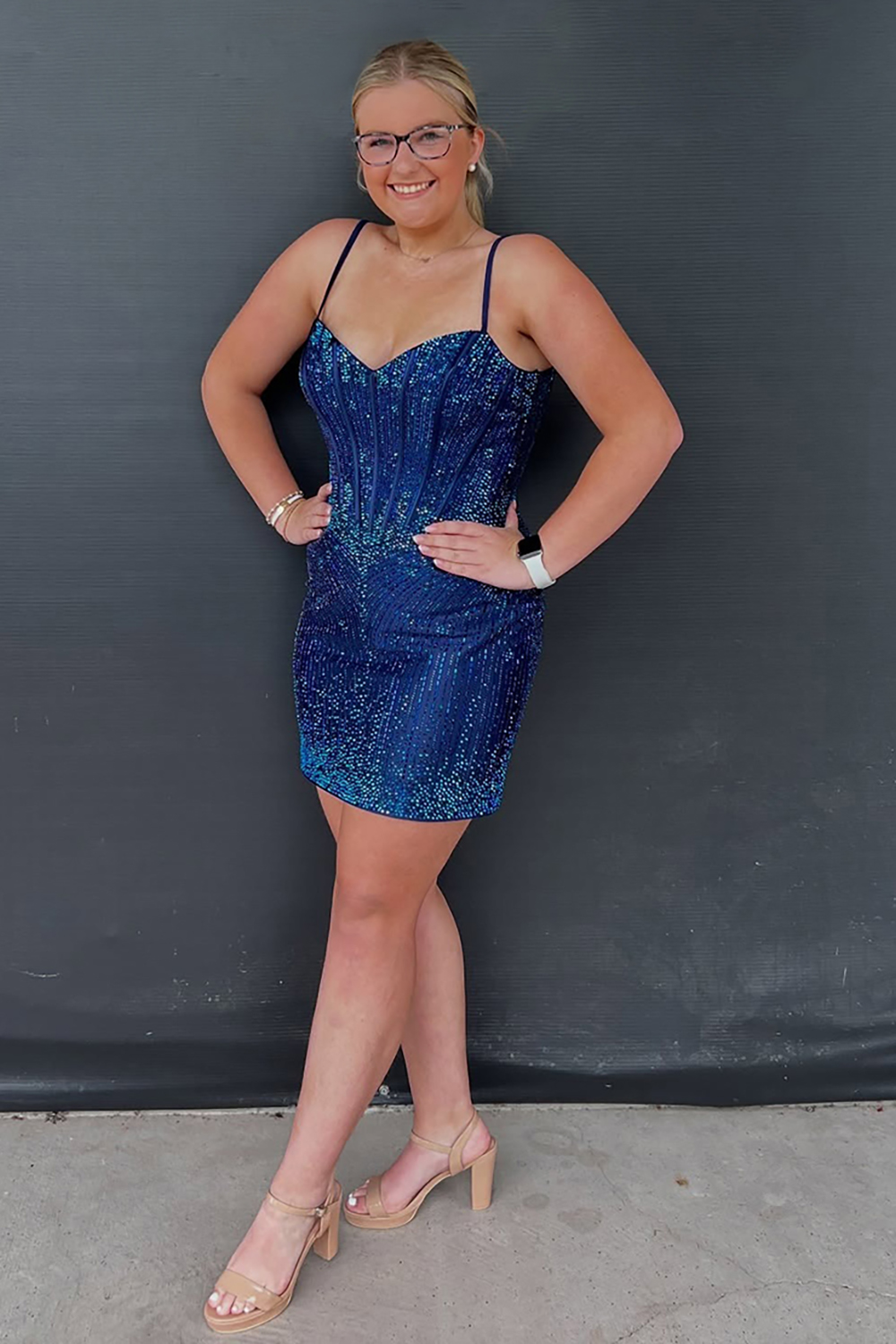Sparkly Navy Tight Beaded Short Corset Homecoming Dress