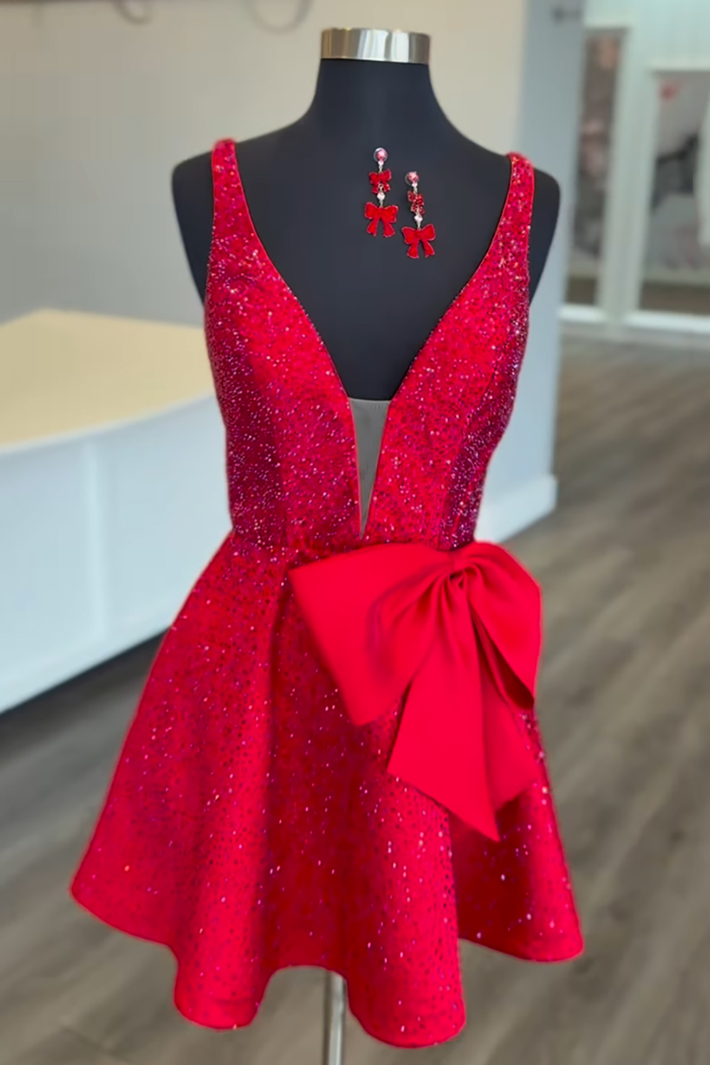 Sparkly Red A Line V-Neck Beaded Short Homecoming Dress with Bow