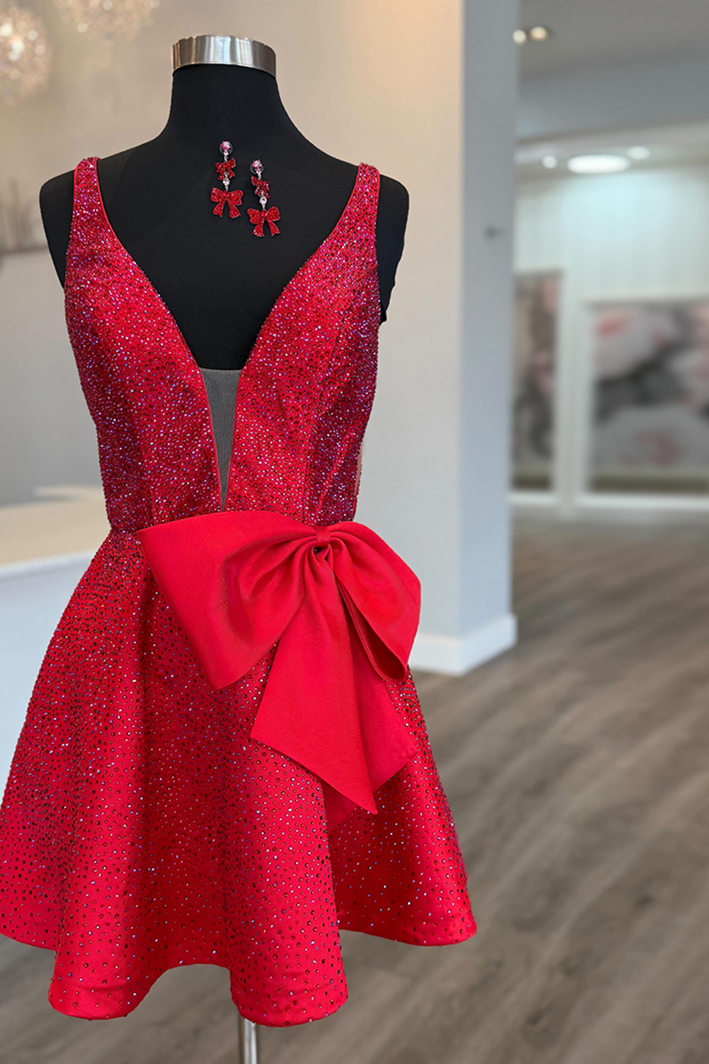 Sparkly Red A Line V-Neck Beaded Short Homecoming Dress with Bow