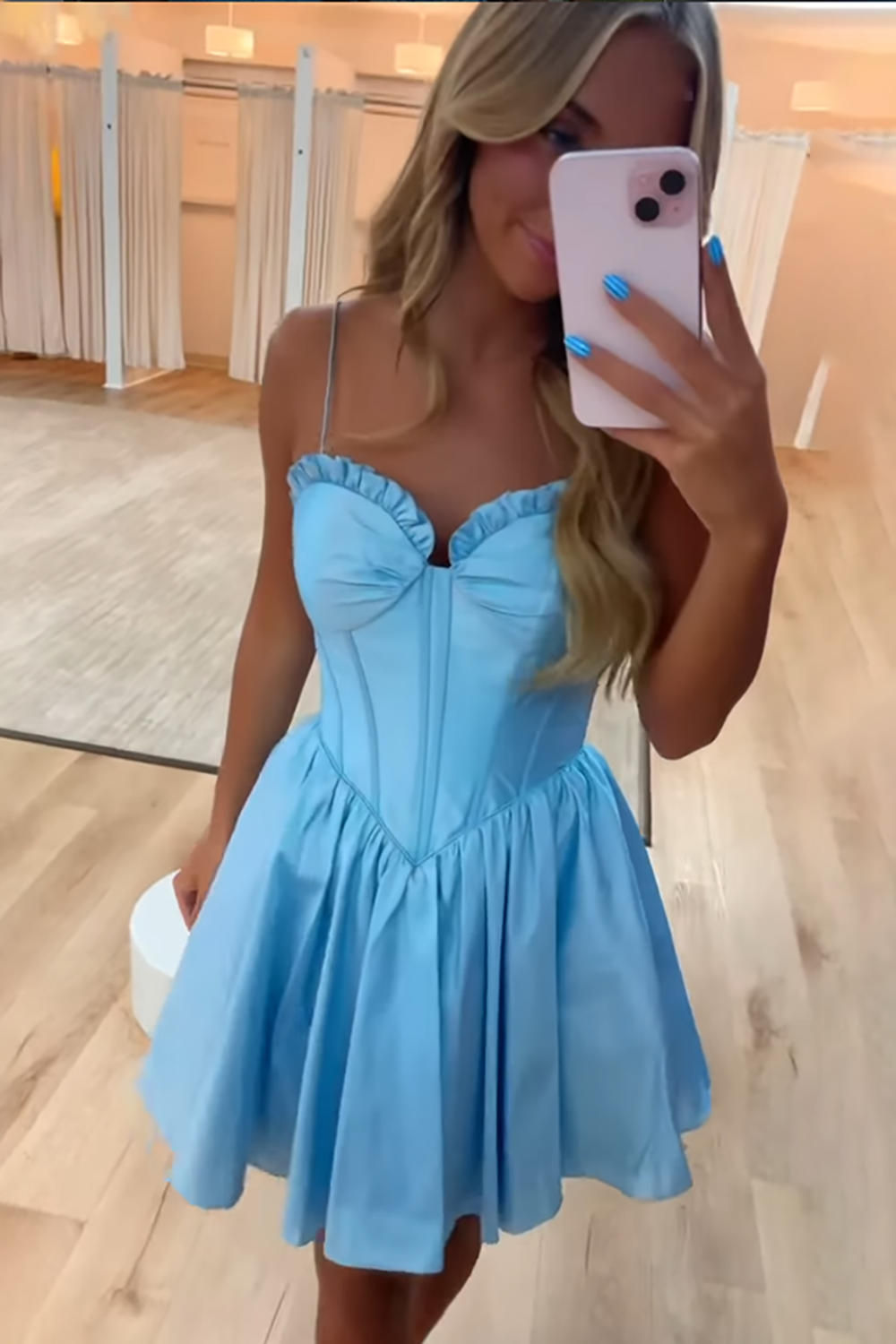 Pink A Line Satin Spaghetti Straps Short Corset Homecoming Dress with Ruffles